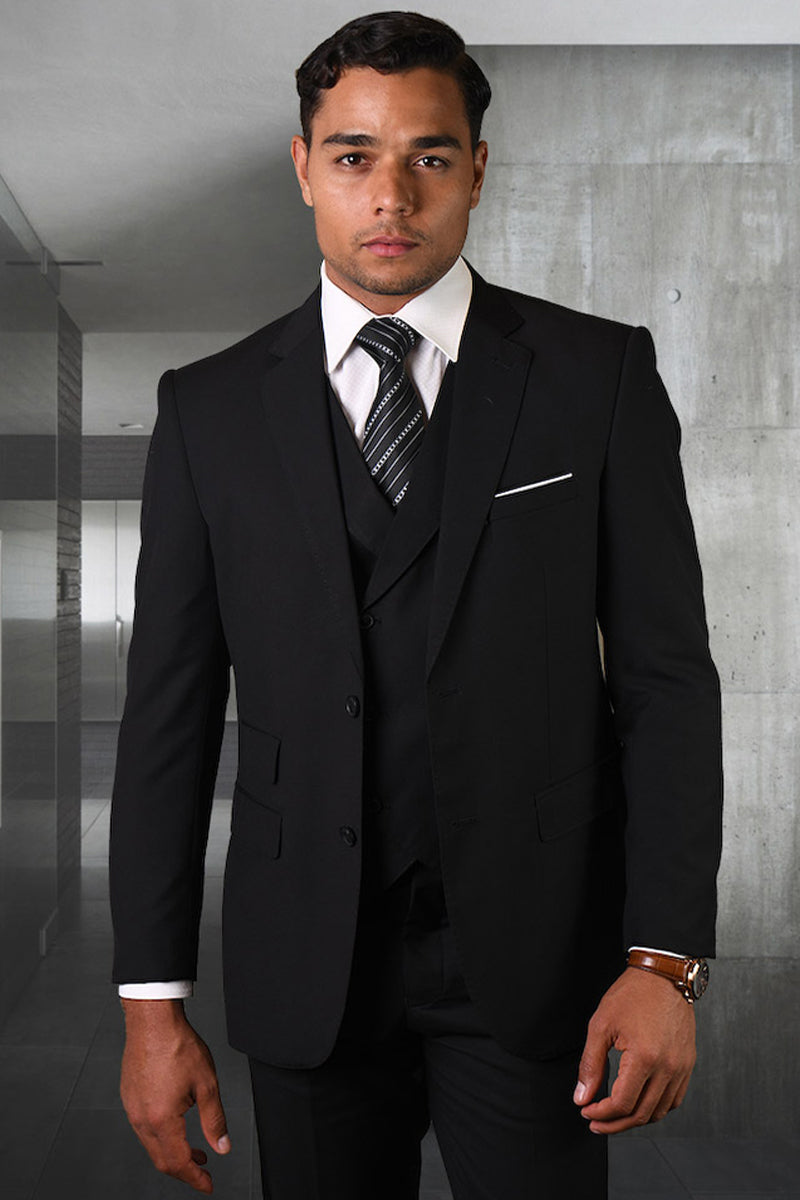 Men's Modern Fit Designer Wool Suit in Black with a Double Breasted Vest