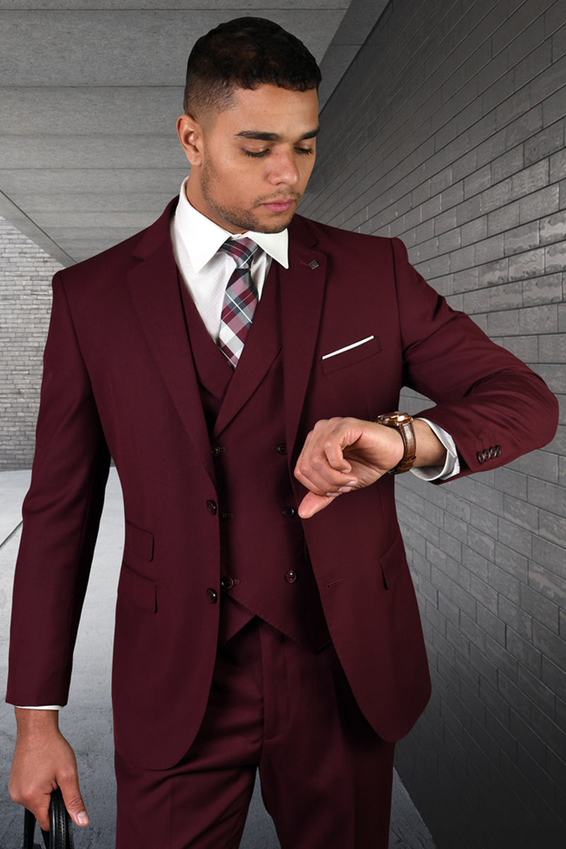 Men's Modern Fit Designer Wool Suit in Burgundy with a Double Breasted Vest