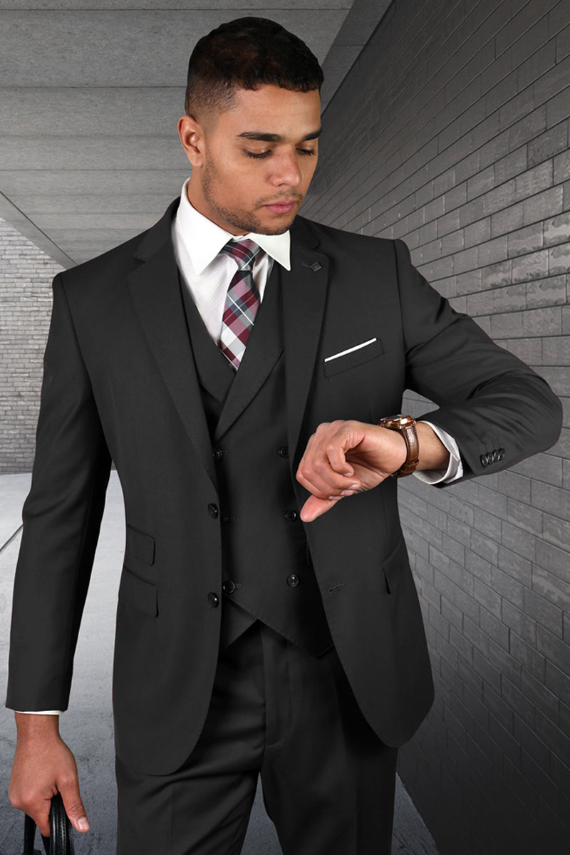 Men's Modern Fit Designer Wool Suit in Cahrcoal Grey with a Double Breasted Vest