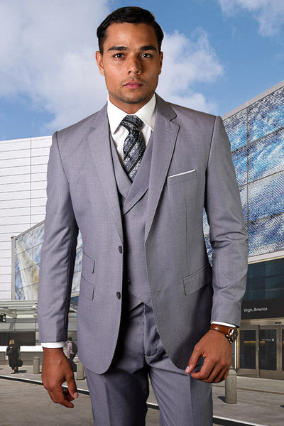 Men's Modern Fit Designer Wool Suit in Grey with a Double Breasted Vest