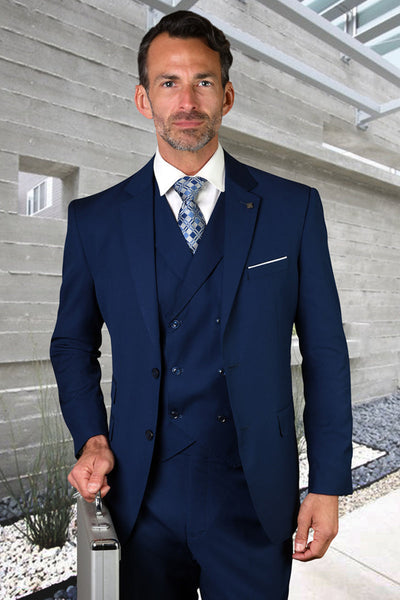 Men's Modern Fit Designer Wool Suit in Sapphire Blue with a Double Breasted Vest