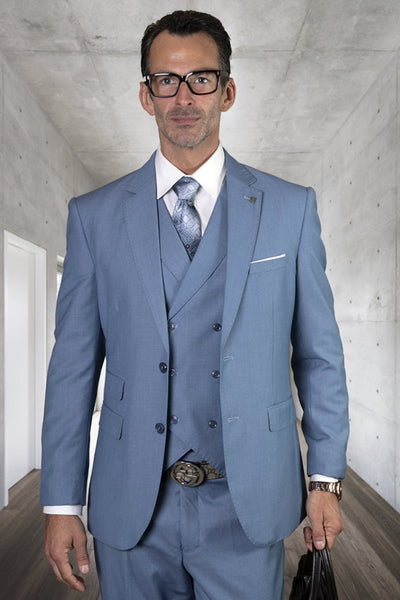 Men's Modern Fit Designer Wool Suit in Steel Blue with a Double Breasted Vest