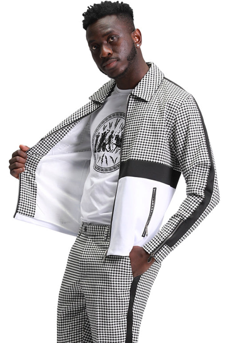 Men's Casual Walking Suit Jacket & Pant Set in Black Houndstooth