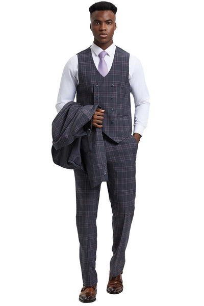 Men's Stacy Adams One Button Peak Lapel Double Breasted Vest Suit in Charcoal Grey Plaid