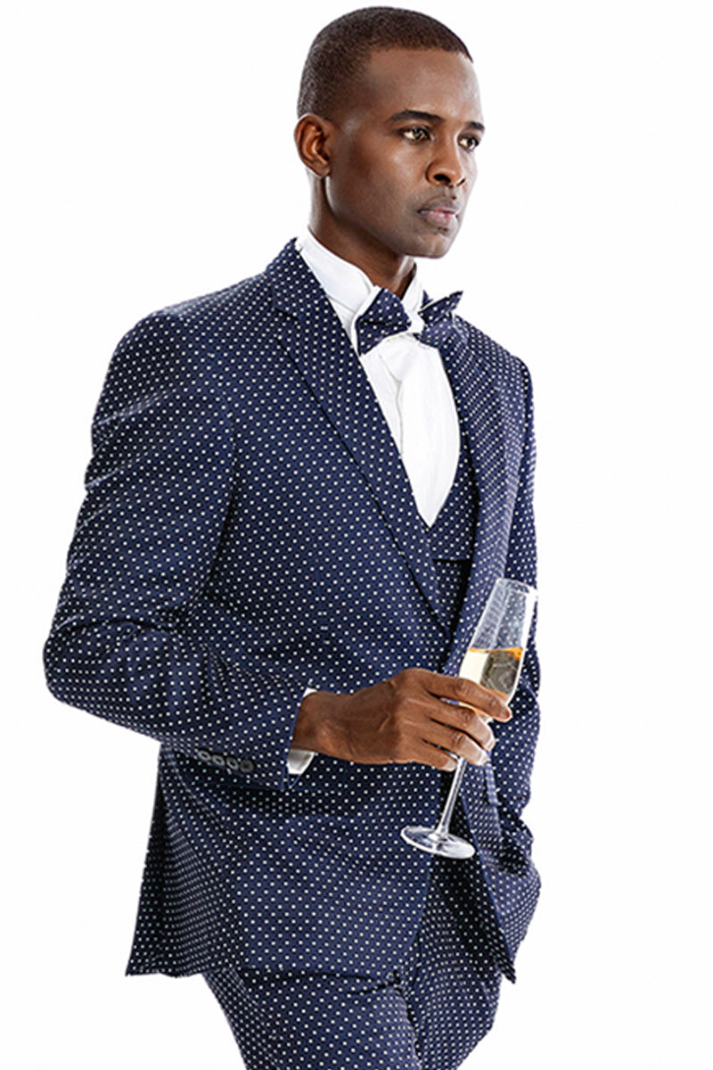 Men's One Button Vested Mini Polka Dot Prom Suit in Navy Blue & White