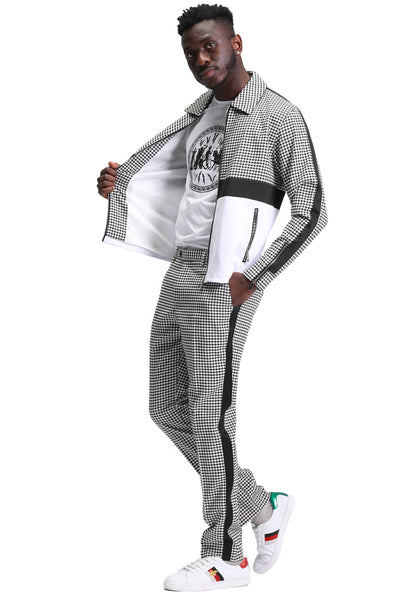 Men's Casual Walking Suit Jacket & Pant Set in Black Houndstooth