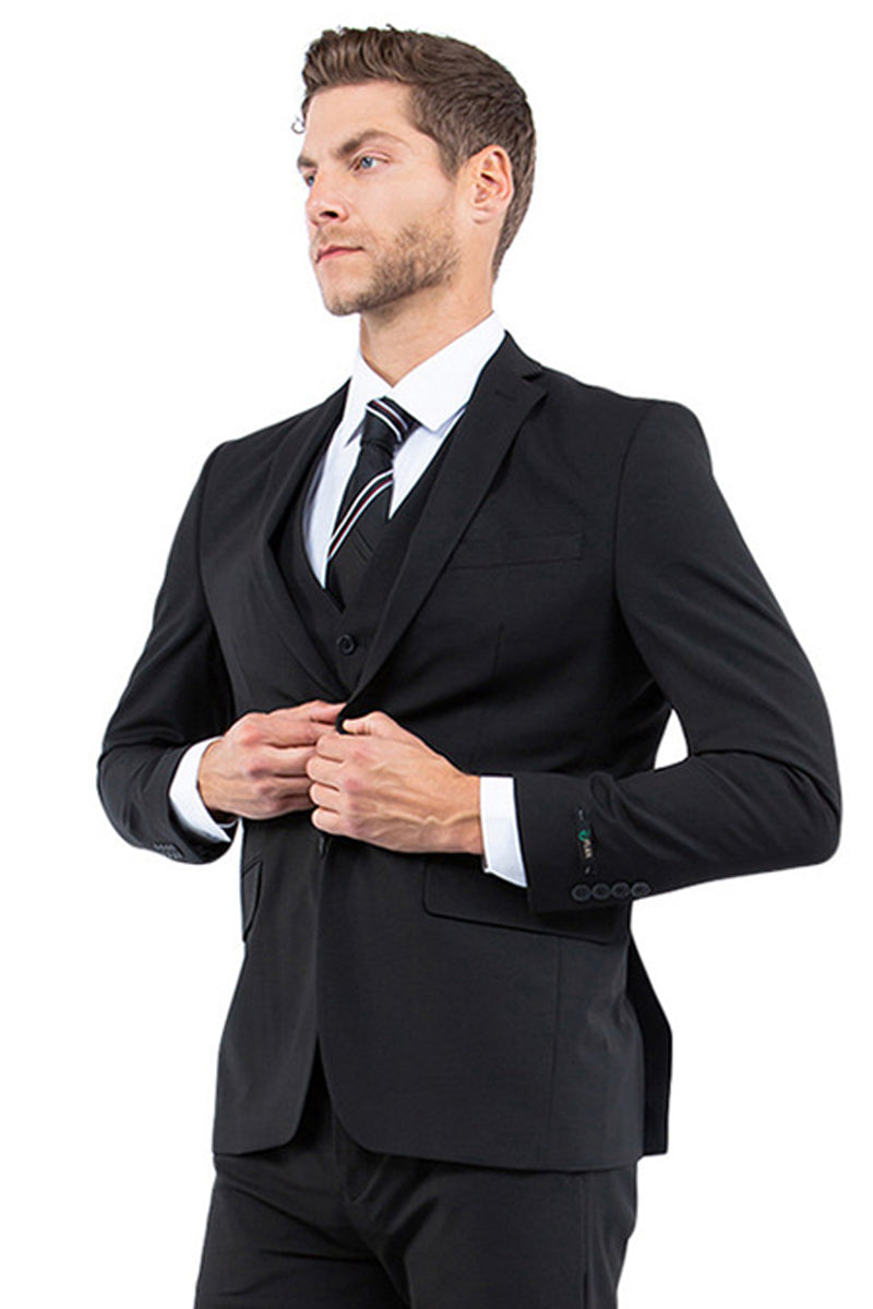 Men's One Button Vested Slim Fit Business & Wedding Suit in Black