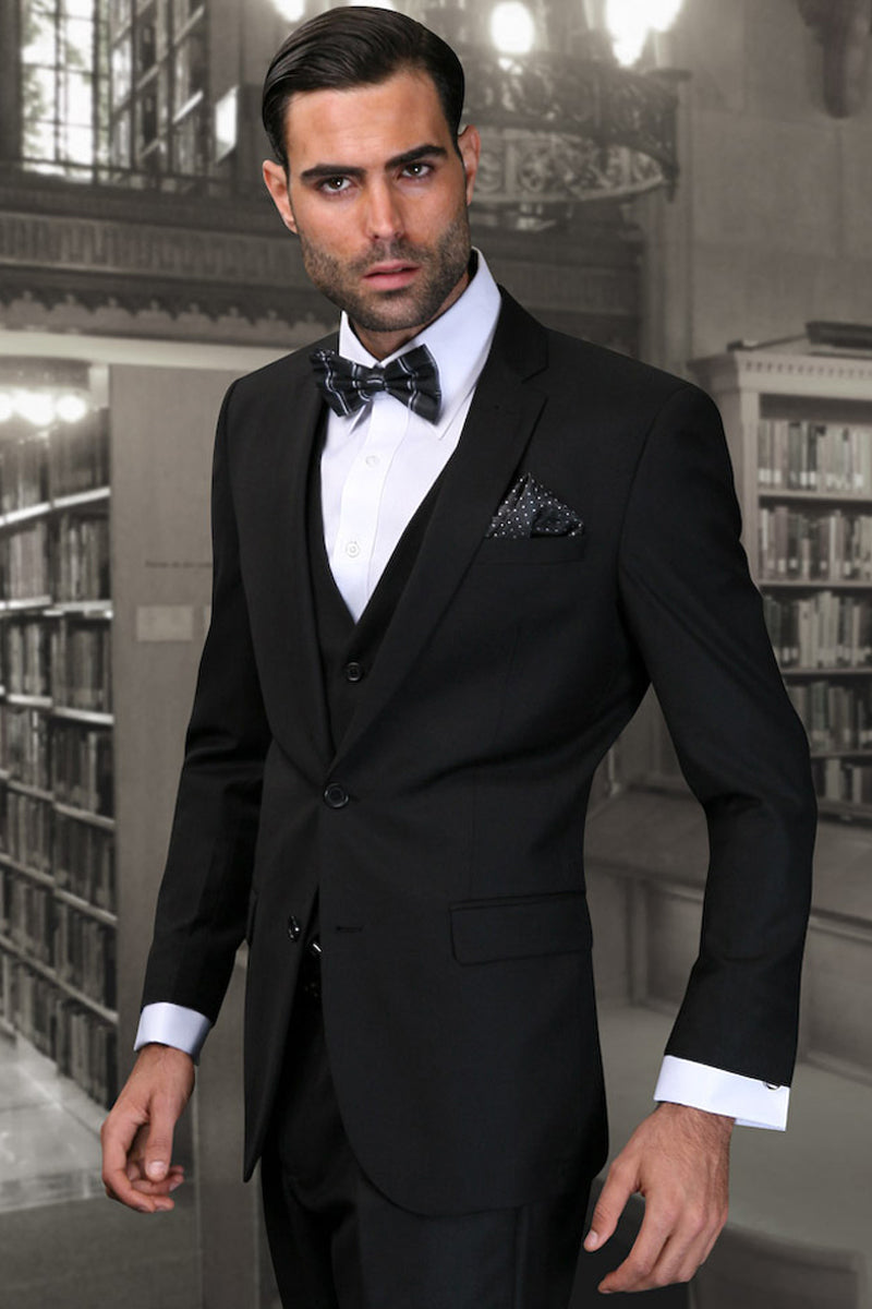 Men's Designer Slim Fit Vested Wool Wedding Suit in Black