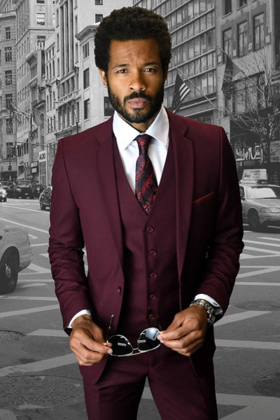 Men's Designer Slim Fit Vested Wool Wedding Suit in Burgundy