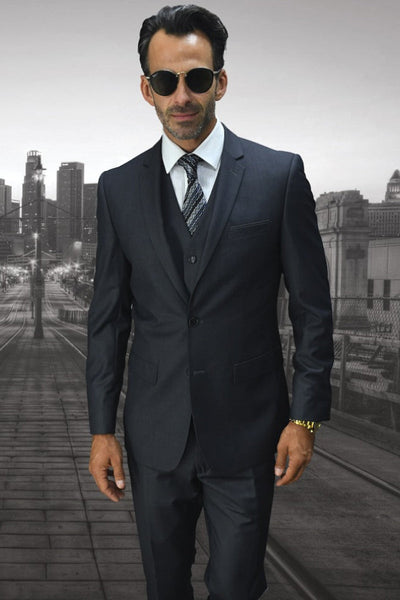 Men's Designer Slim Fit Vested Wool Wedding Suit in Charcoal Grey