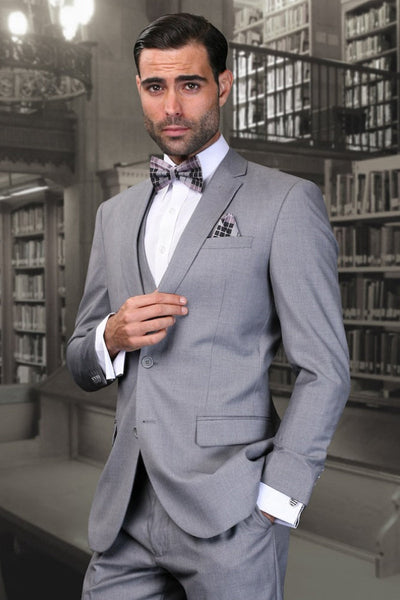 Men's Designer Slim Fit Vested Wool Wedding Suit in Grey