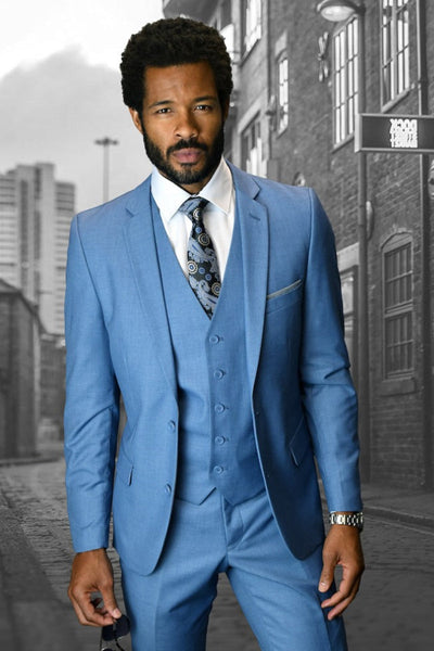 Men's Designer Slim Fit Vested Wool Wedding Suit in Steel Blue