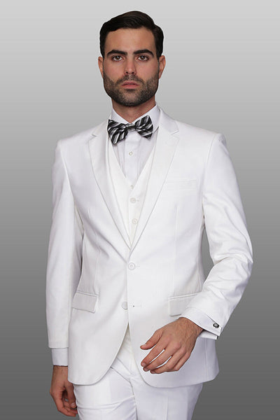 Men's Designer Slim Fit Vested Wool Wedding Suit in White