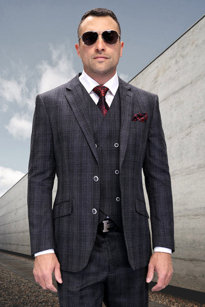 Men's Designer Wool Vested Modern Fit Plaid Windowpane Suit in Charcoal Grey