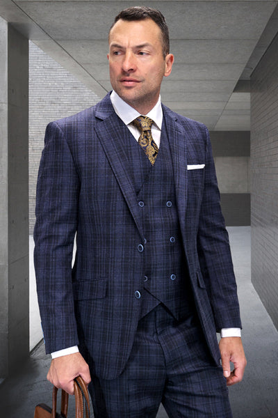 Men's Designer Wool Vested Modern Fit Plaid Windowpane Suit in Sapphire Blue