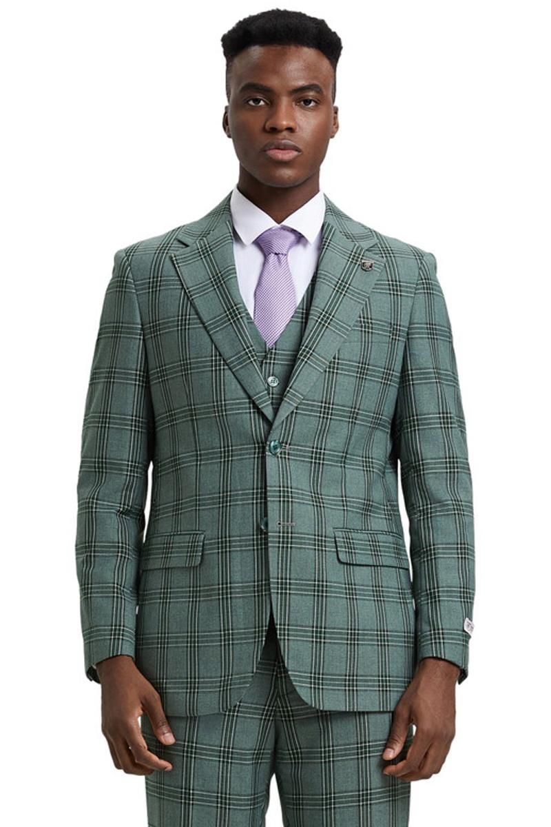 Men's Stacy Adams Two Button Vested Glen Plaid Check Suit in Light Olive Green