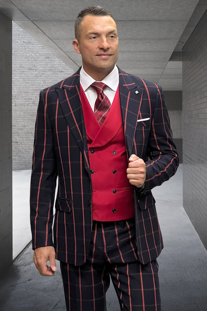 Men's Designer One Button Peak Lapel Vested Wool Suit in Black & Red Bold Windowpane Plaid