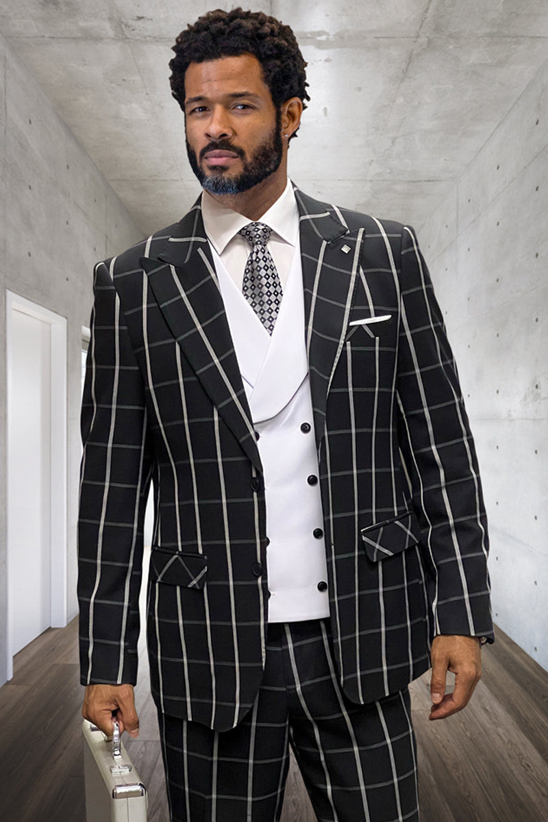 Men's Designer One Button Peak Lapel Vested Wool Suit in Black & White Bold Windowpane Plaid