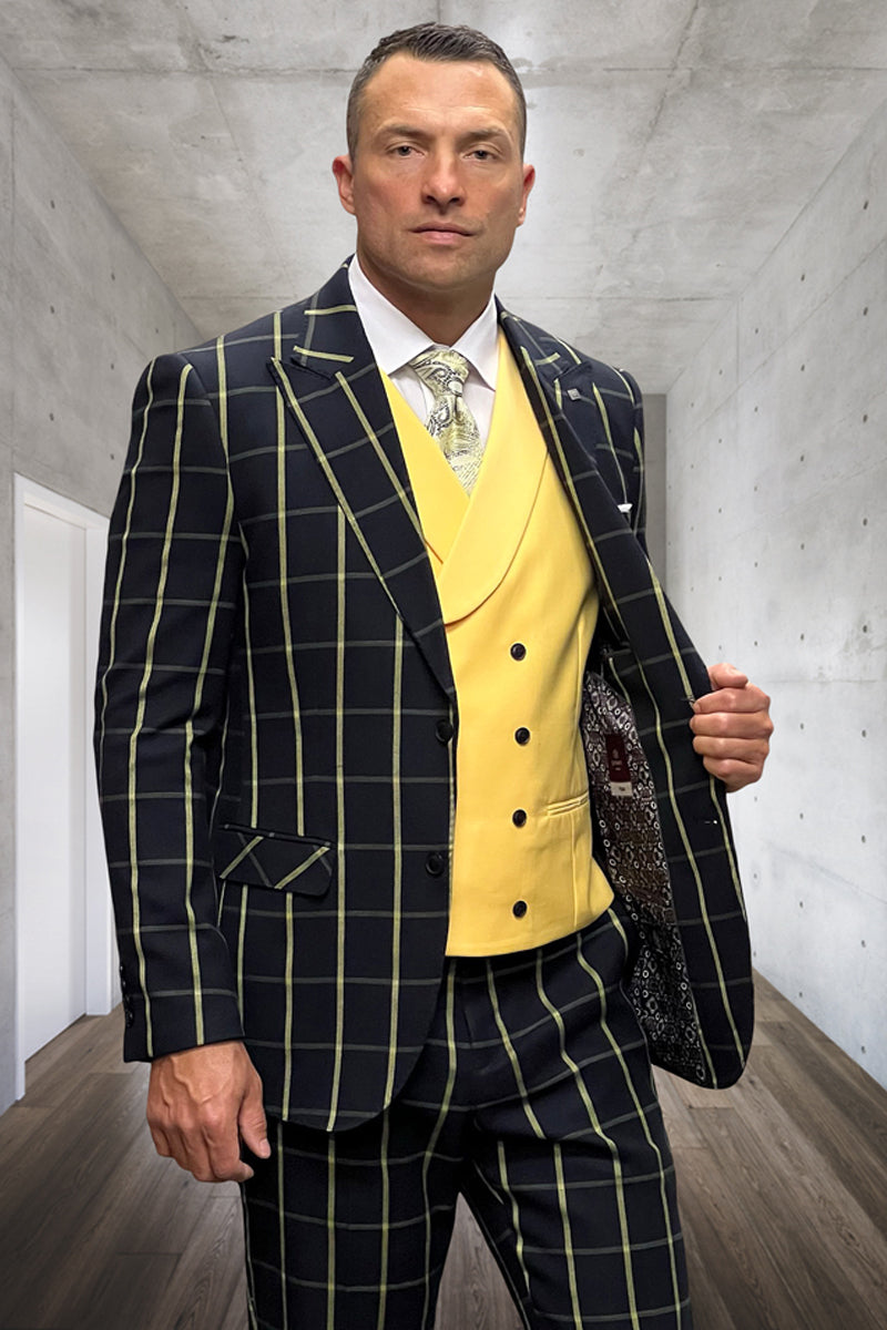 Men's Designer One Button Peak Lapel Vested Wool Suit in Black & Yellow Bold Windowpane Plaid