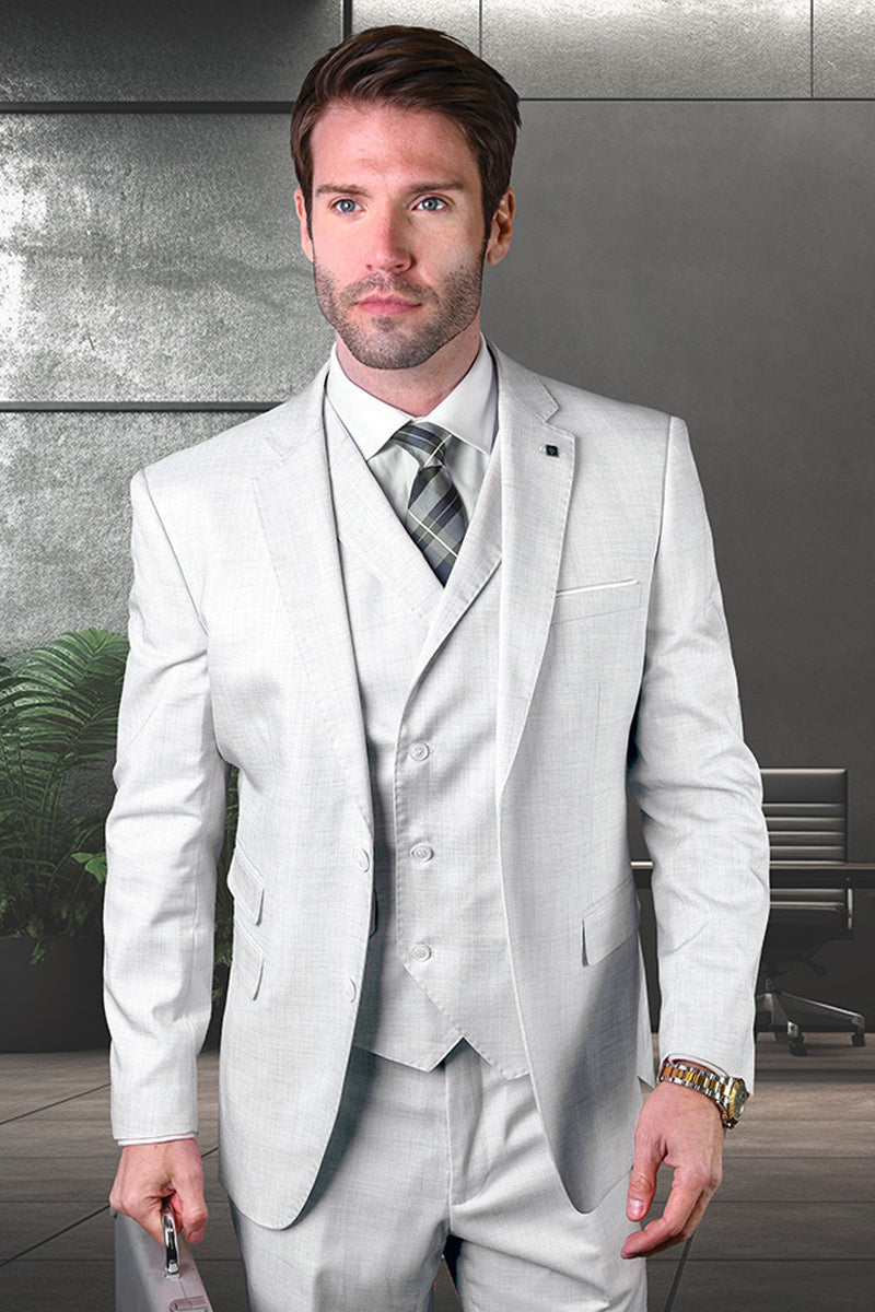 Men's Modern Fit Designer Summer Wool Suit in Stone Tan with a Double Breasted Vest