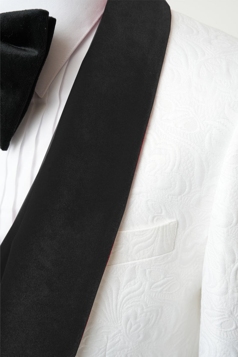 Men's Vested White Paisley Wedding & Prom Tuxedo with Black Velvet Lapel