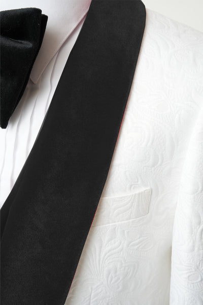 Men's Vested White Paisley Wedding & Prom Tuxedo with Black Velvet Lapel