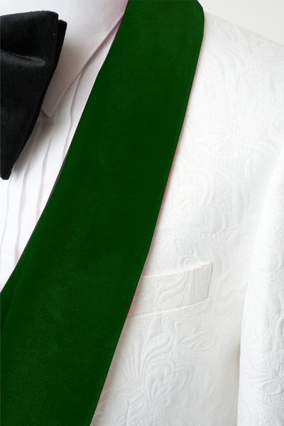 Men's Vested White Paisley Wedding & Prom Tuxedo with Hunter Green Velvet Lapel