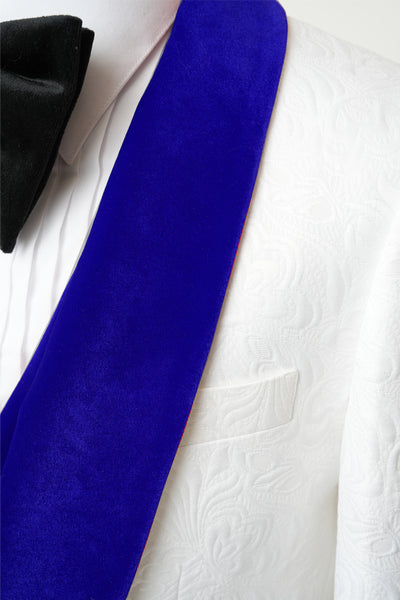 Men's Vested White Paisley Wedding & Prom Tuxedo with Royal Blue Velvet Lapel