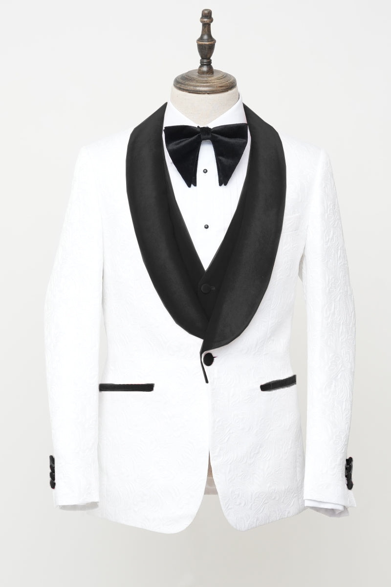 Men's Vested White Paisley Wedding & Prom Tuxedo with Black Velvet Lapel