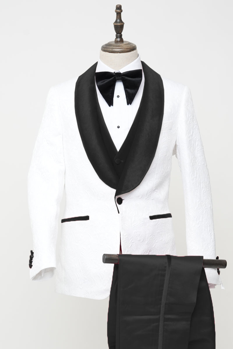 Men's Vested White Paisley Wedding & Prom Tuxedo with Black Velvet Lapel