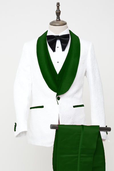 Men's Vested White Paisley Wedding & Prom Tuxedo with Hunter Green Velvet Lapel