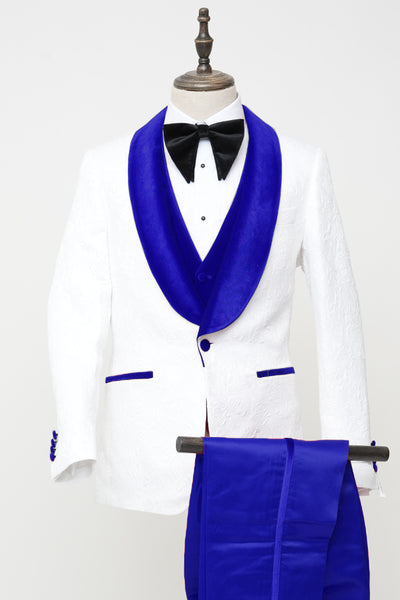 Men's Vested White Paisley Wedding & Prom Tuxedo with Royal Blue Velvet Lapel