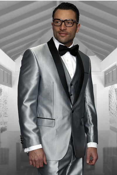 Men's Designer Shiny Sharkskin Vested Wedding & Prom Tuxedo in Dark Grey