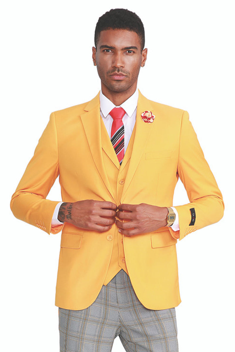 Men's Two Button Vested Summer Suit in Canary Yellow with Grey & Yellow Plaid Pants