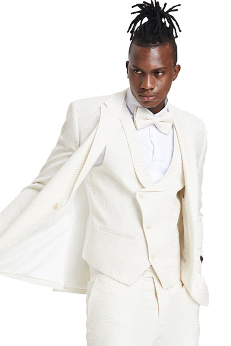 Men's One Button Double Brested Vest Notch Lapel Prom & Wedding Suit in Champagne Tan Polka Dot