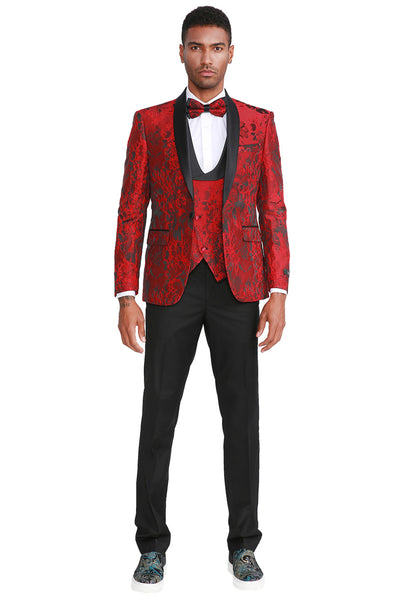 Men's Slim Fit One Button Vested Paisley Shawl Lapel Prom Tuxedo in Red