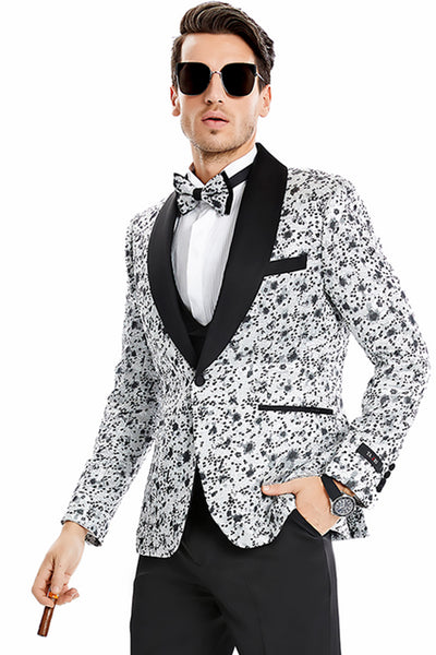 Men's One Button Vested Shawl Lapel Vintage Splatter Print Prom Tuxedo in Silver Grey