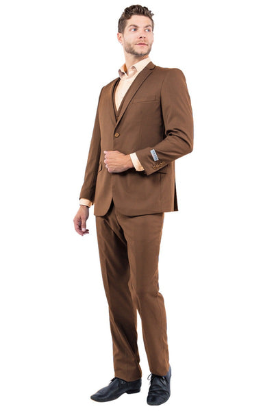 Men's Two Button Slim Fit Basic Vested Wedding Suit in Cognac