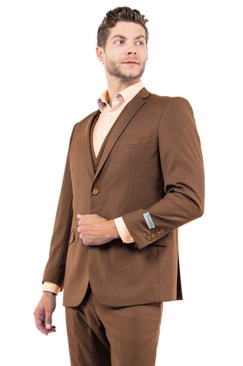 Men's Two Button Slim Fit Basic Vested Wedding Suit in Cognac