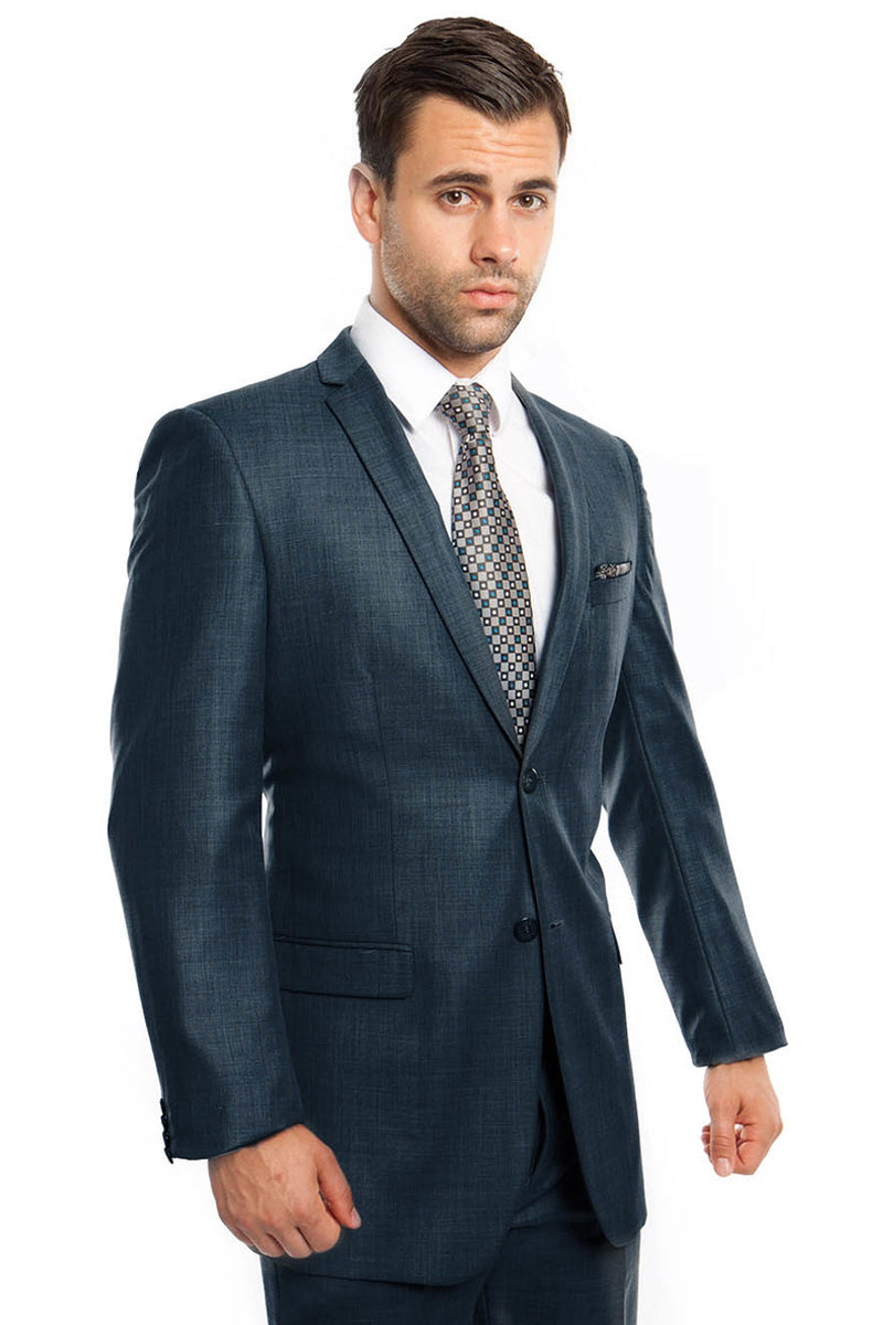 Men's Slim Fit Textured Shiny Sharkskin Suit in Navy Blue