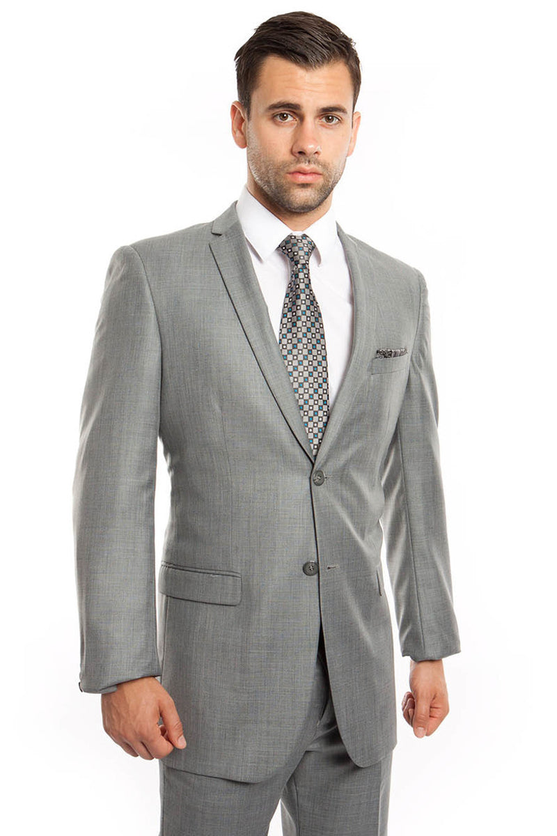 Men's Slim Fit Textured Shiny Sharkskin Suit in Light Grey