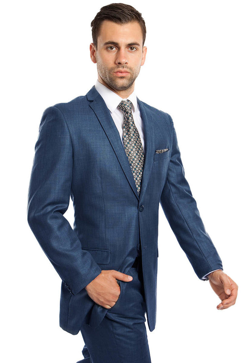 Men's Slim Fit Textured Shiny Sharkskin Suit in Indigo Blue