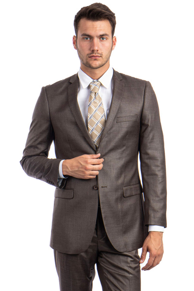 Men's Slim Fit Textured Shiny Sharkskin Suit in Cocoa Brown