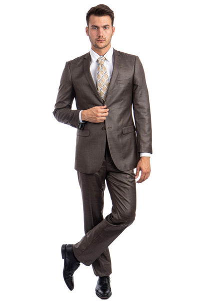 Men's Slim Fit Textured Shiny Sharkskin Suit in Cocoa Brown