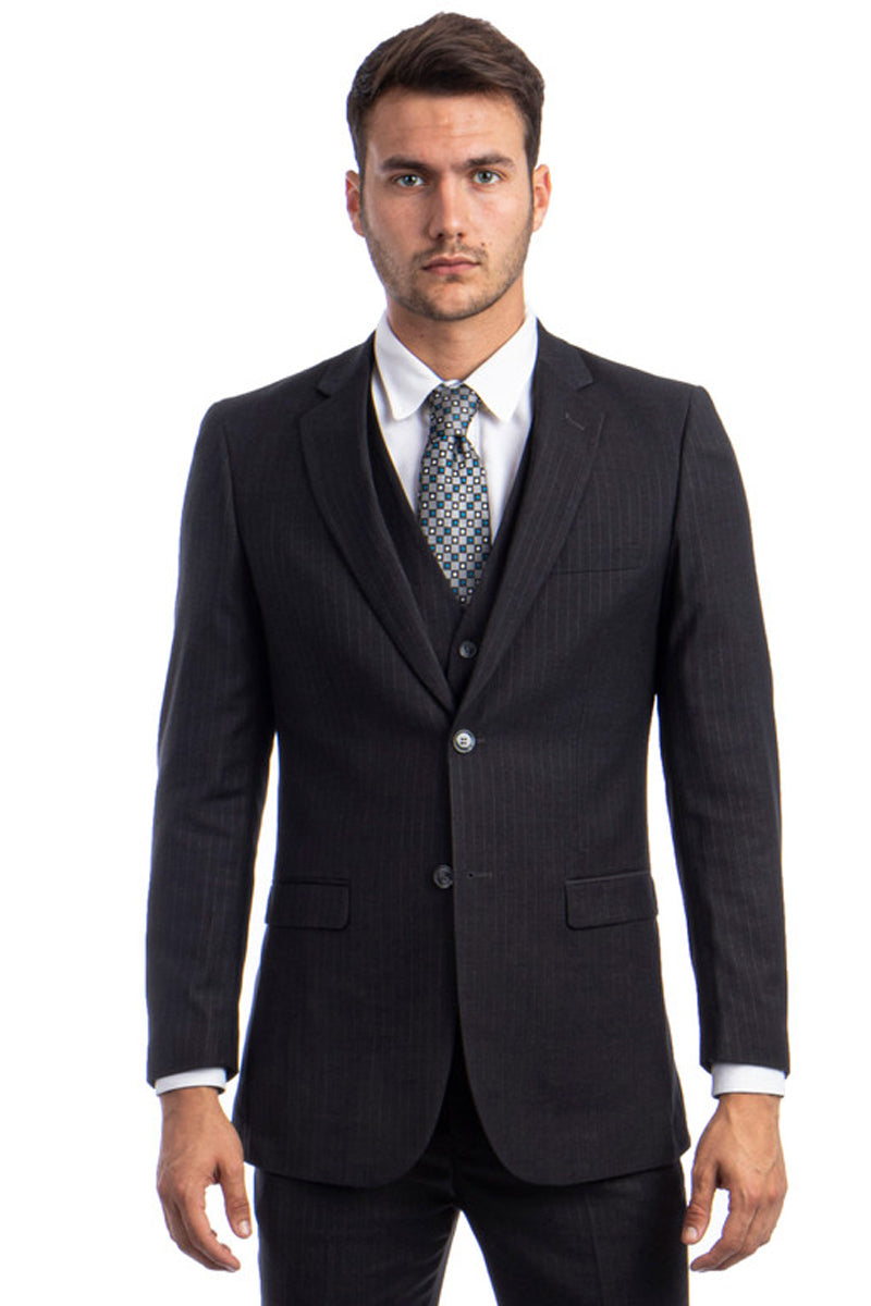Men's Modern Fit Vested Business Suit in Charcoal Grey Tonal Shadow Pinstripe