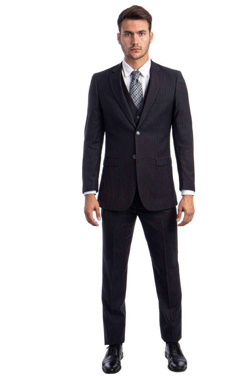 Men's Modern Fit Vested Business Suit in Charcoal Grey Tonal Shadow Pinstripe
