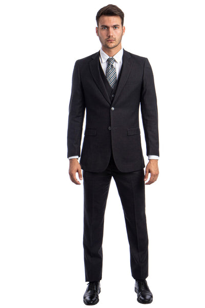 Men's Modern Fit Vested Business Suit in Charcoal Grey Tonal Shadow Pinstripe