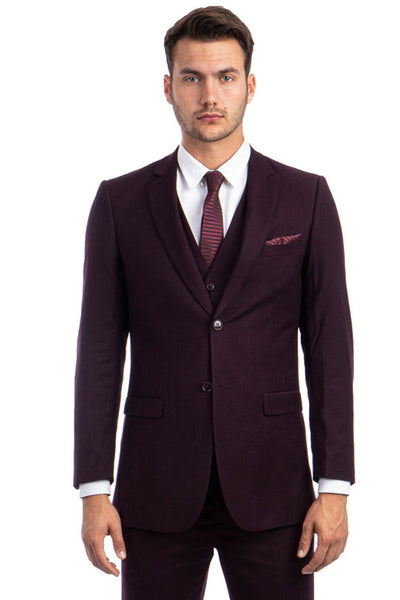 Men's Modern Fit Vested Business Suit in Burgundy Tonal Shadow Pinstripe