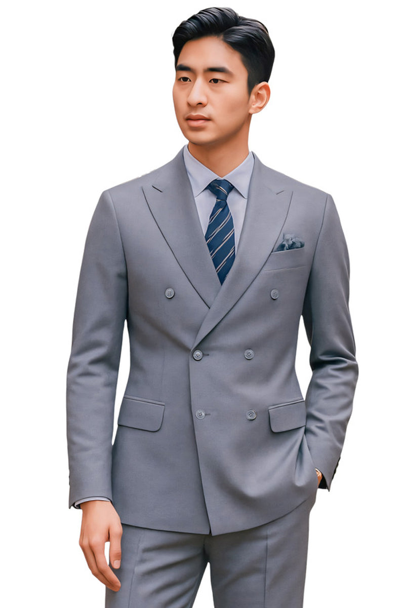 Men's Tailored Fit Double Breasted Suit in Medium Grey