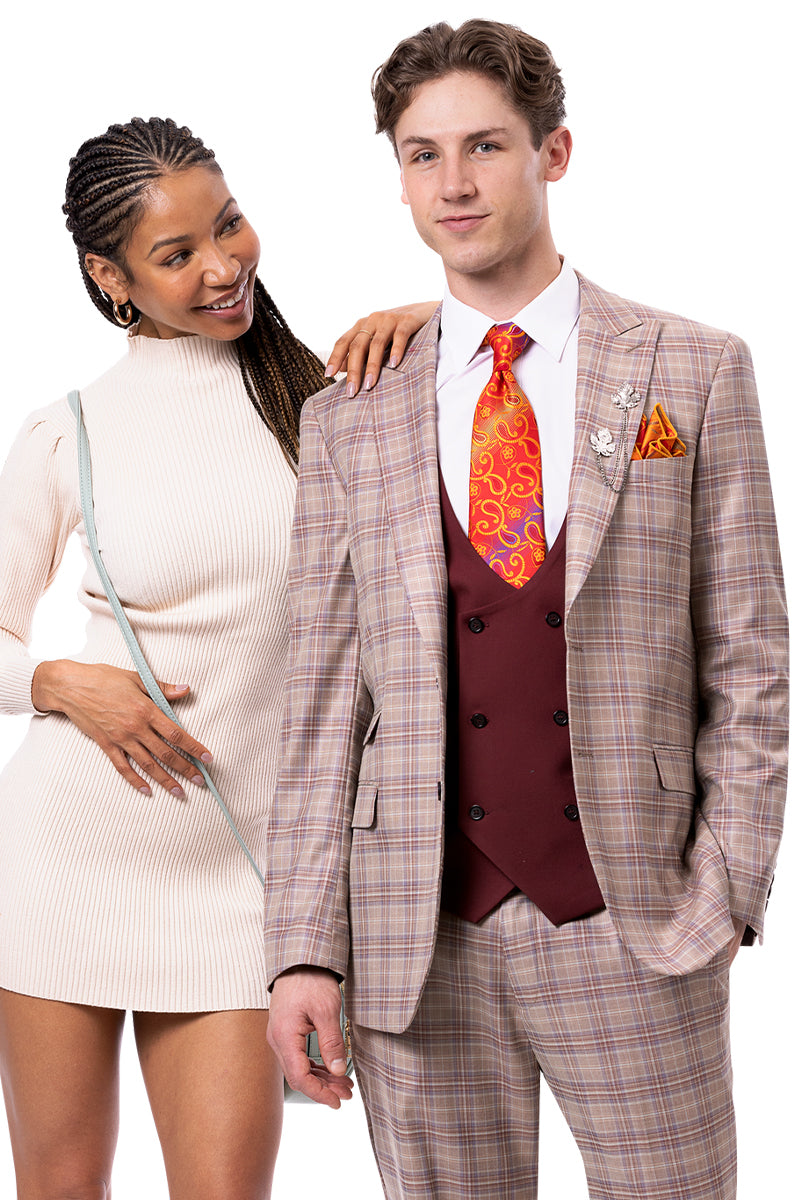 Men's Two Button Peak Lapel Suit in Tan & Burgundy Windowpane Plaid